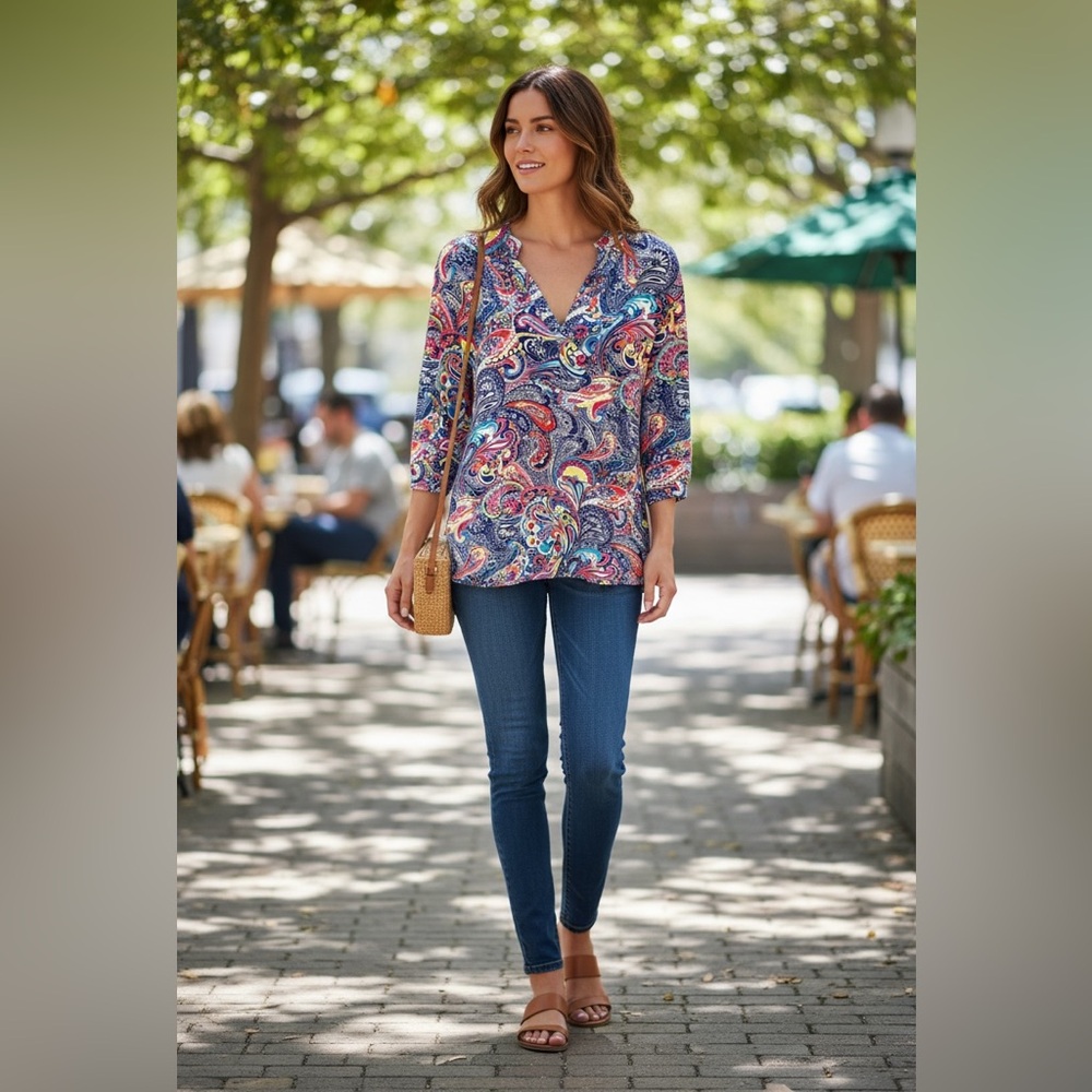 Liz Claiborne Multicolor Paisley V-Neck Tunic